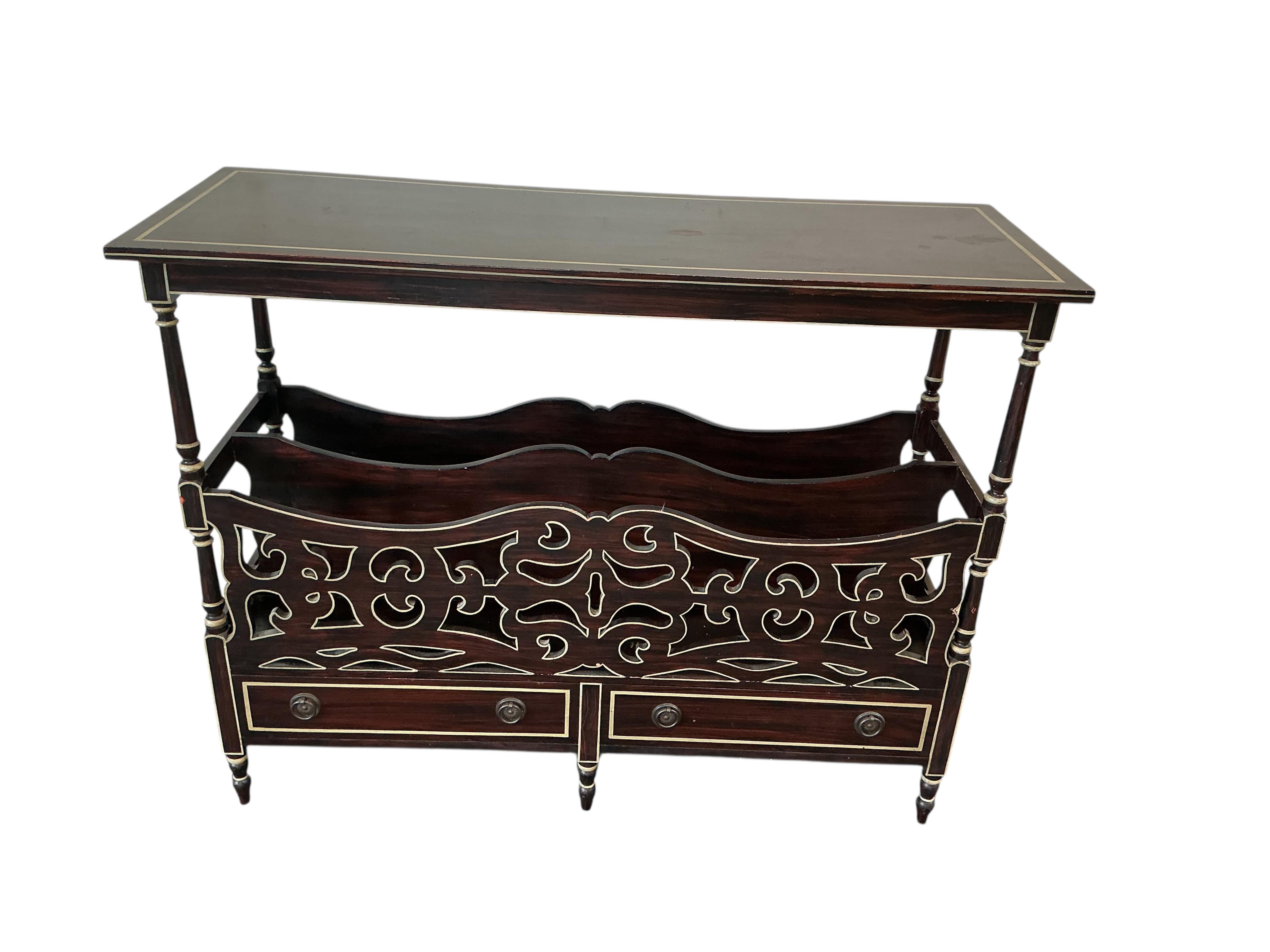 A Regency style simulated rosewood side table and another similar two tier etagere, width 62cm, depth 30cm, height 92cm
